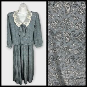 Vintage REO Original Blue White Paisley Lace Collar Secretary Dress 80s Size 14